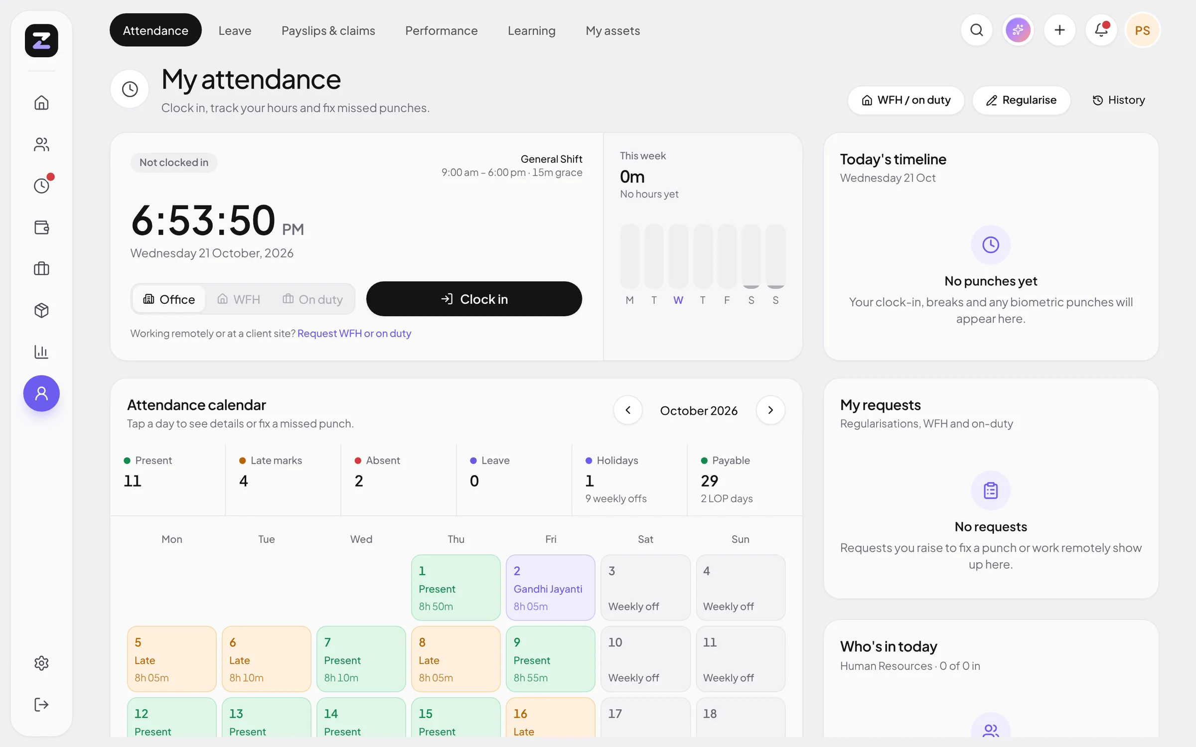 ZodHR attendance screen