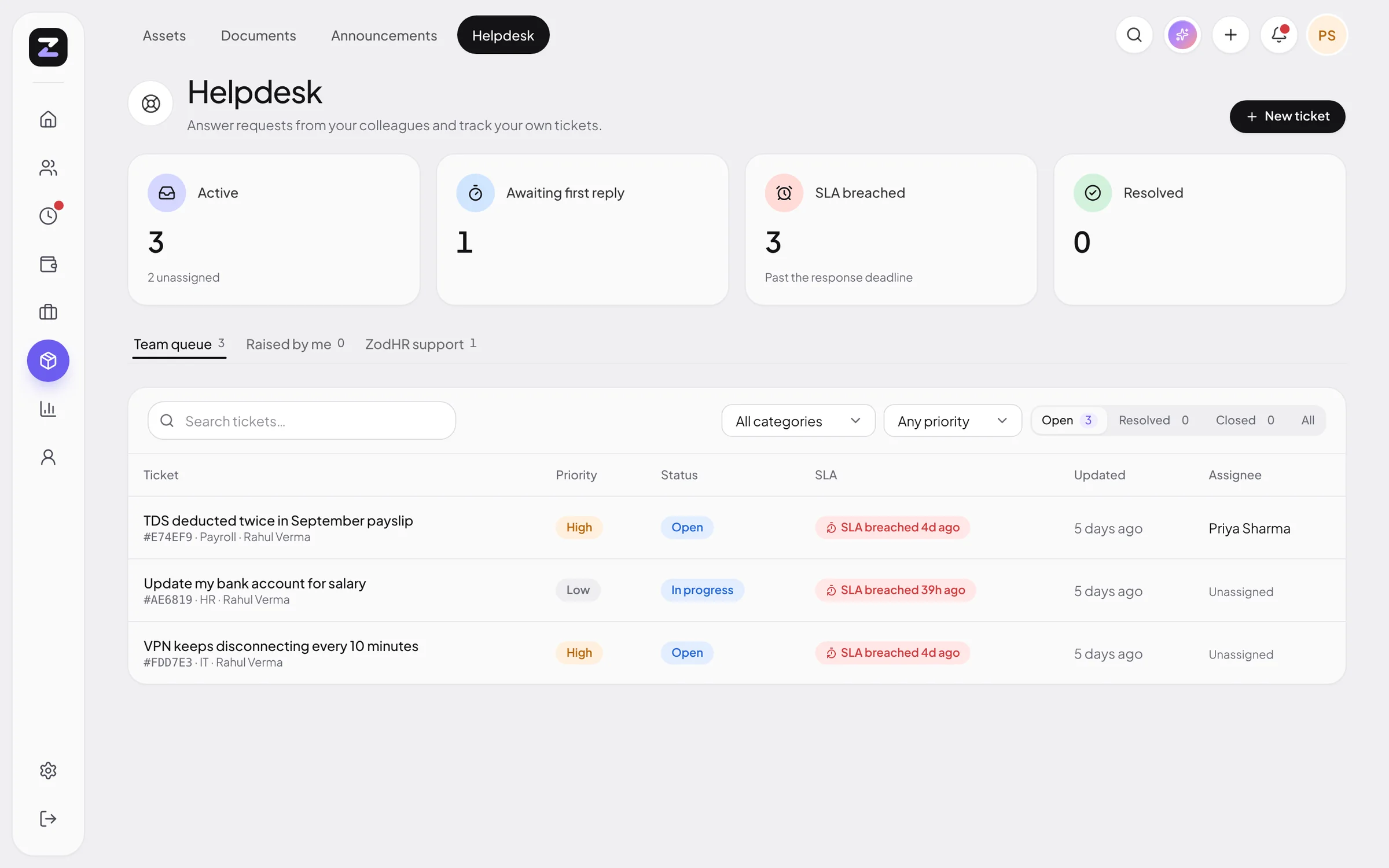 ZodHR helpdesk with active tickets, first-reply status and SLA tracking